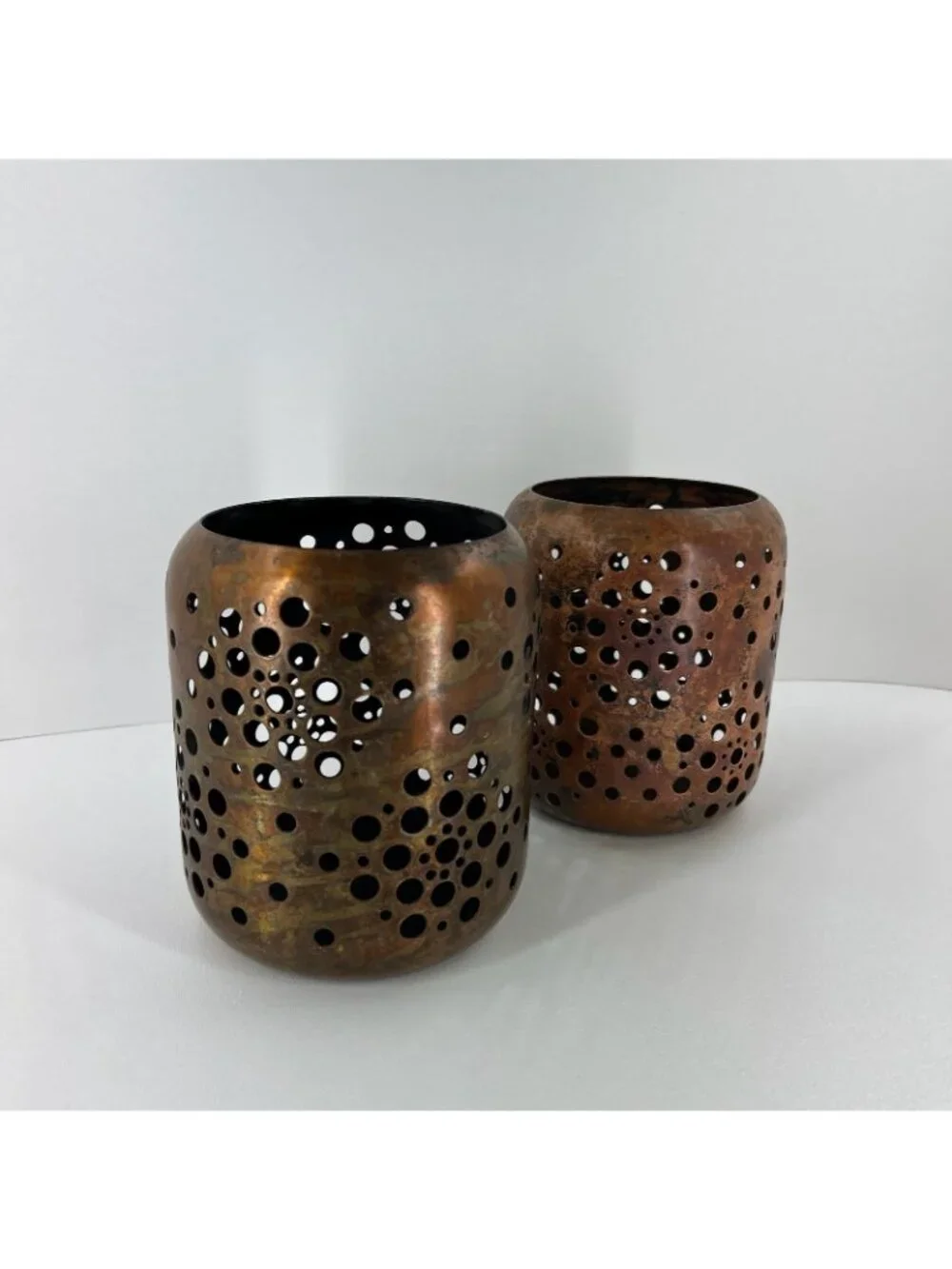 Set of 2 Pierced Copper Metal Candle Holders Votive Lanterns Rustic Decor